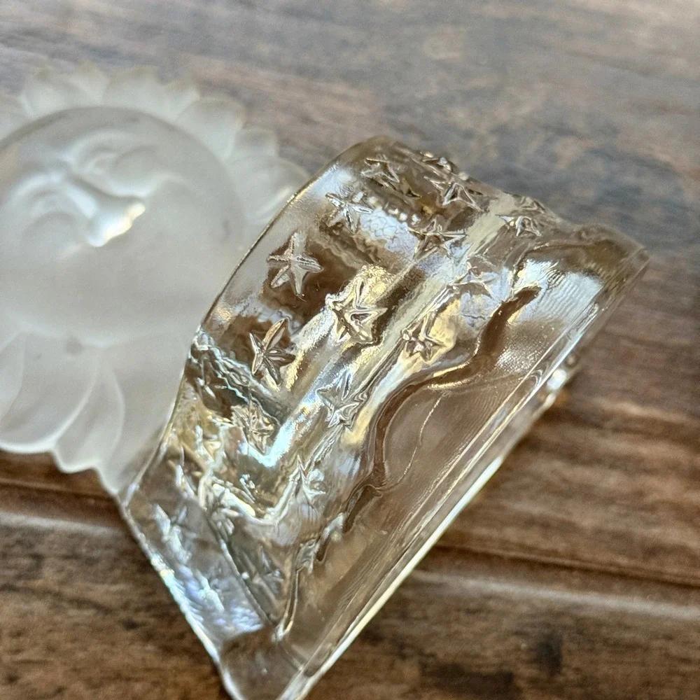 Vintage 90's Whimsy Frosted Celestial Sun Face & Stars Glass Tea Light Holder